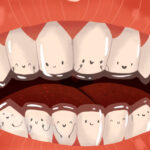 Graphic illustration of clear aligner trays on straight teeth with smiles on each tooth.